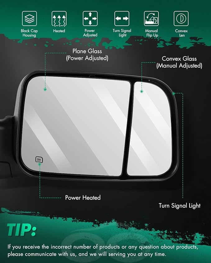 SCITOO Tow Mirrors Power Heated Puddle Parallel Turn Signal Auxiliary Light Temp Sensor Black Towing Mirrors Replacement Fit for 2019-2022 For Dodge For Ram 1500 Pickup Truck