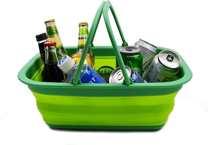 SAMMART 9.2L (2.37Gallon) Collapsible Tub with Handle - Portable Outdoor Picnic Basket/Crater - Foldable Shopping Bag - Space Saving Storage Container (1, Dark Green/Fluorescent Green)