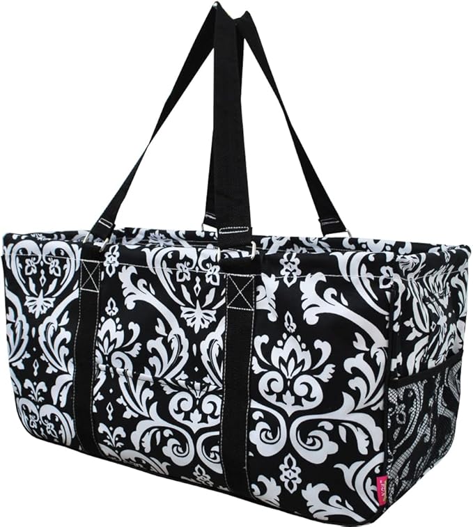 NGIL Extra Large Utility Tote Reusable Grocery Bag Oversized Collapsible for Groceries, Storage, Picnic, Beach (Damask-black)