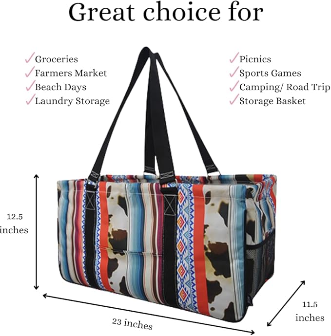 NGIL Extra Large Utility Tote Reusable Grocery Bag Oversized Collapsible for Groceries, Storage, Picnic, Beach (Retro Cow-black)