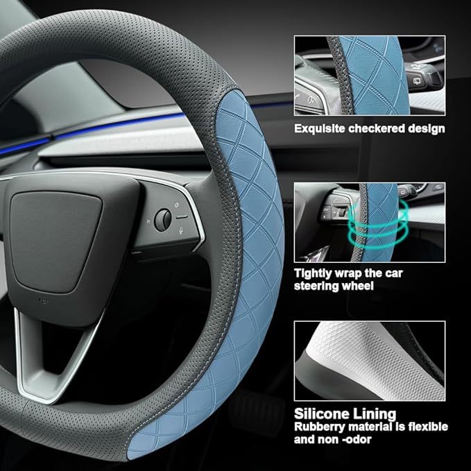 LKWLIKEI Leather Steering Wheel Cover. Elegant Diamond Checkered Design, Non-Slip and Breathable, for Tesla Model 3/Y Steerin