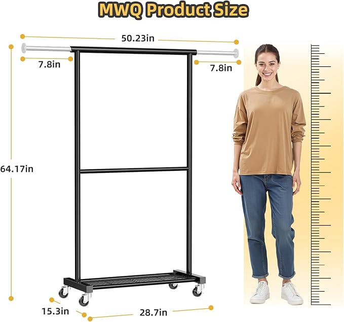 Double Clothing Rack, Clothes Rack for Hanging Clothes, Rolling Garment Rack with Adjustable Rod, Black