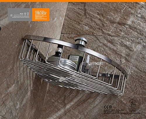 VIBORG Deluxe Solid Thick SUS304 Stainless Steel Wire Wall Mounted Single Tier Bathroom Corner Shower Basket Bath Caddy Shelf
