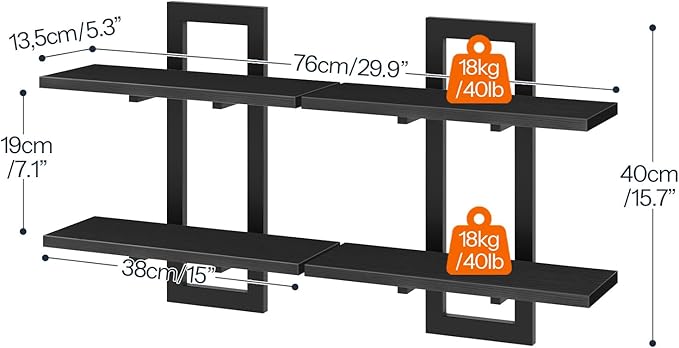HOOBRO Floating Shelves, 15 Inch Wall Shelf Set of 2, Wall Mounted Storage Shelves 2-Tier, Hanging Bathroom Shelves, for Livi