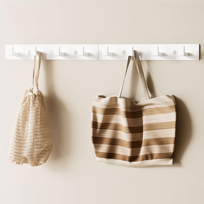 GWAAZXGZ White Wall Mounted Coat Rack - 2 Modular Rails (25'' Total), 8 Right-Angle Hooks, Modern Organizer for Entryway, Bat