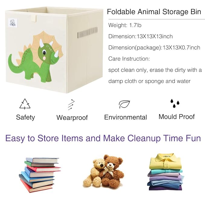 CLCROBD Foldable Animal Cube Storage Bins Fabric Toy Box/Chest/Organizer for Toddler/Kids Nursery, Playroom, 13 inch (Tricera