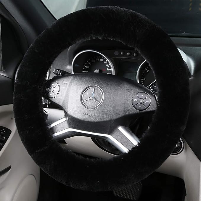 Fluffy Wool Sheepskin Fuzzy Black Car Steering Wheel Cover for Universal Auto Steering Wheel 14 1/2-15 1/2inch, Anti-Slip, So