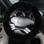 Fluffy Wool Sheepskin Fuzzy Black Car Steering Wheel Cover for Universal Auto Steering Wheel 14 1/2-15 1/2inch, Anti-Slip, So