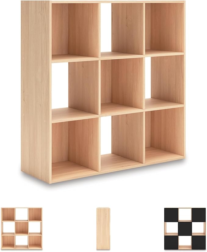 Signature Design by Ashley Piperton Contemporary 3-Tier Floor Standing 9 Cube Organizer for Living Room, Wood, Works with 10.