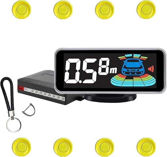 Backup Parktronic System Car Auto Vehicle Reverse with 8 Parking Sensors kit, LCD Display, Distance Detection (Meter/Foot Switchable), Buzzer Alarm and Voice Prompt Function（Yellow