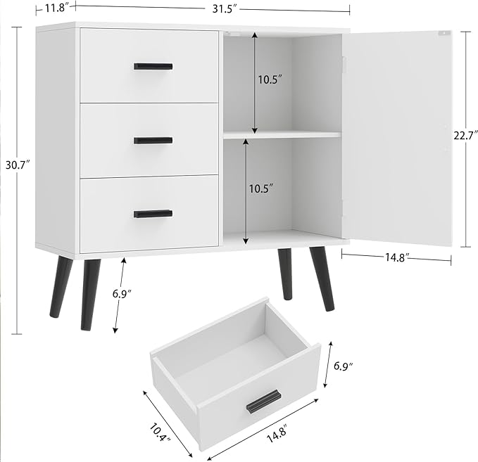 Iwell Storage Cabinet with 3 Drawers, Sideboard Buffet Cabinet with Adjustable Shelf, Freestanding Floor Storage Unit for Liv