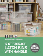 WYT 6 Pack 17qt Clear Plastic Storage Bin with Lid and Latching Buckles, Stackable Tote Organizing Box with Handle