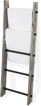 MyGift 4 Ft Torched Wood Farmhouse Blanket Ladder with 5 Matte Black Industrial Pipe Rungs, Wall Leaning Bathroom Towel Ladde