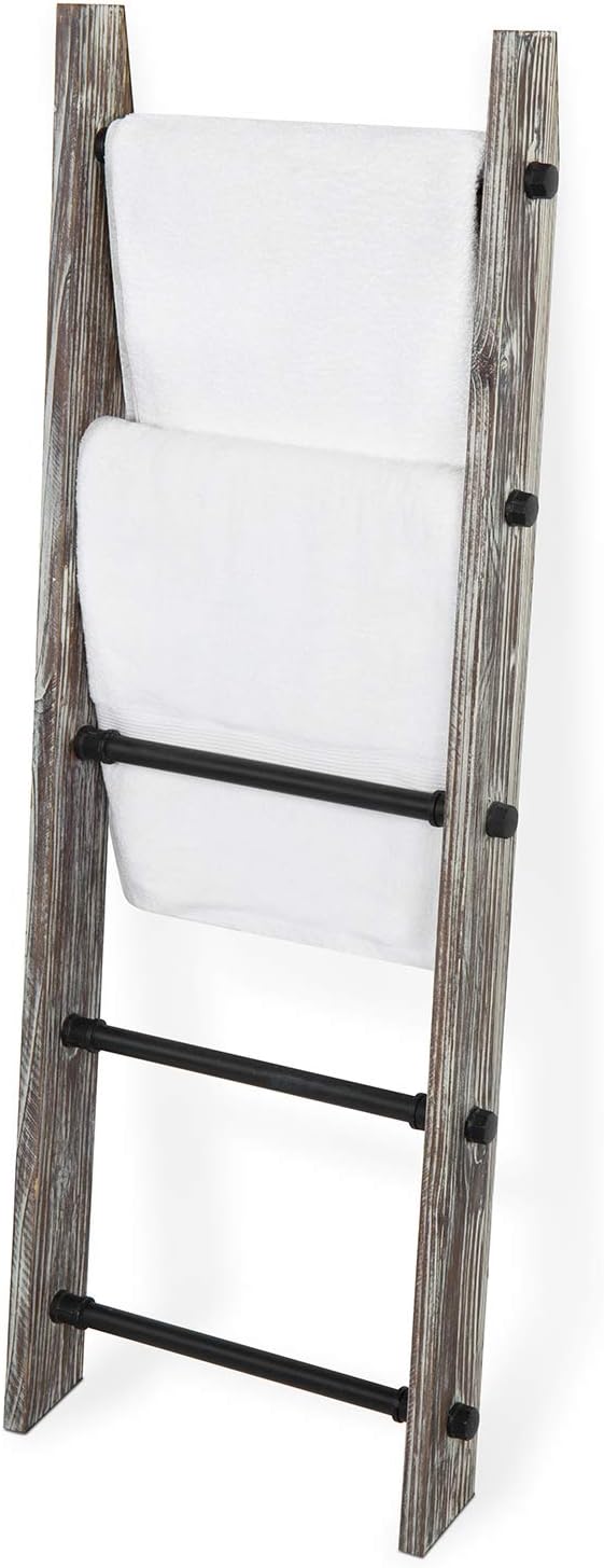 MyGift 4 Ft Torched Wood Farmhouse Blanket Ladder with 5 Matte Black Industrial Pipe Rungs, Wall Leaning Bathroom Towel Ladde