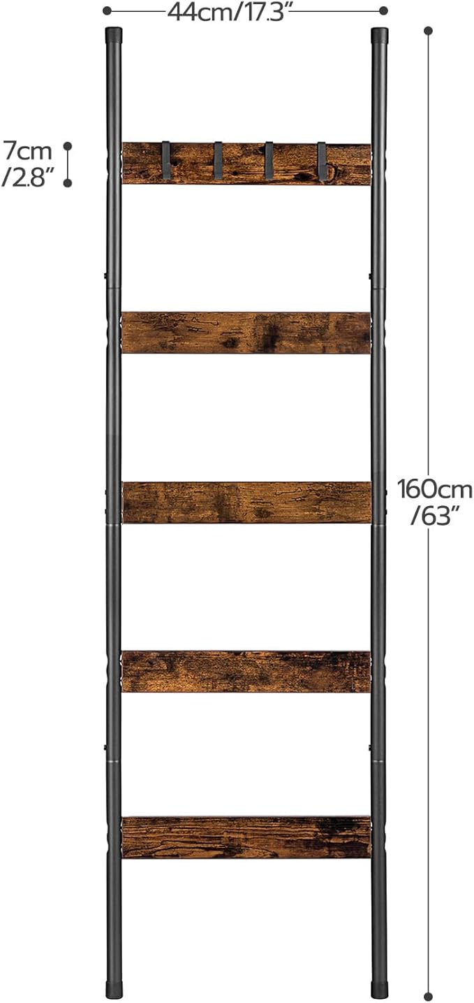 HOOBRO Blanket Ladder, 5-Tier Towel Rack with Hooks, Wall-Leaning Blanket Rack, Decorative Display Ladder Shelf, for Scarves,