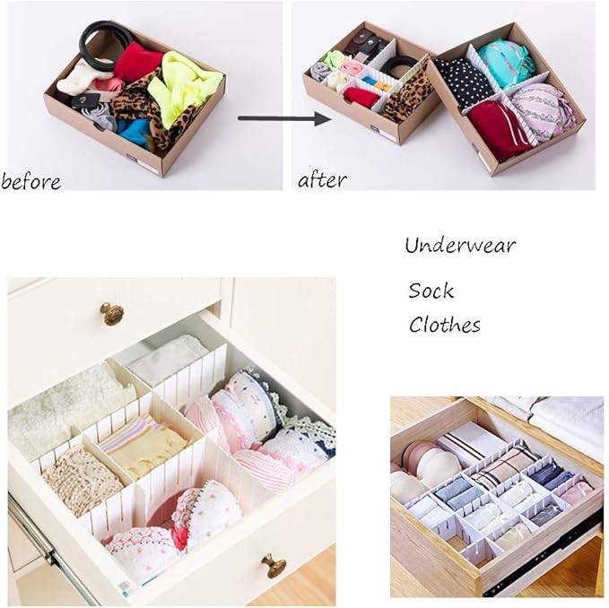 OJYUDD 12PCS DIY Plastic Grid Drawer Dividers,White Adjustable Sock Underwear Dresser Drawer Organizers Divider for Stationar