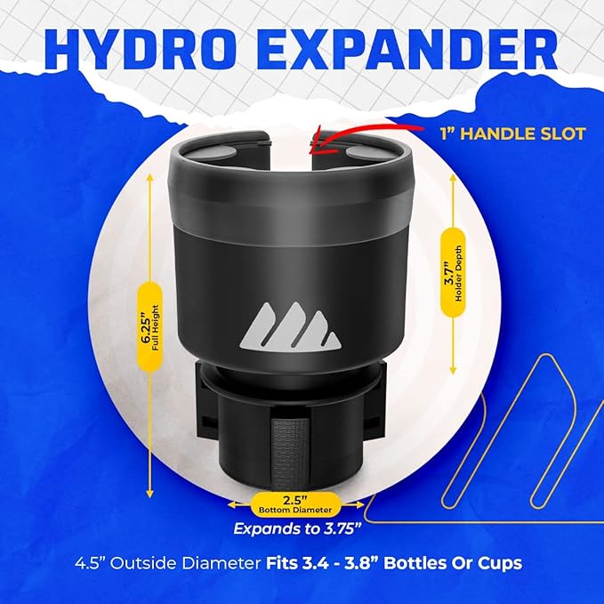 Integral Hydro Expander - Car Cup Holder Expander Organizer with Adjustable Base - Rubber Tabs Hold Most 32 - 40 oz Bottles a