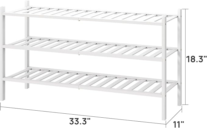 viewcare 3-Tier Long Shoe Rack, Bamboo Wood Shoe Rack for Closet, Entryway & Hallway, Stackable White Shoe Shelf Storage Orga