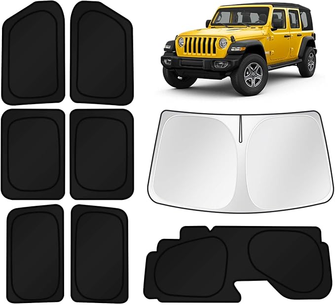 KUST Car Window Shades for 2018-2025 2026 Jeep Wrangler Accessories Windshield Sun Shade Side Rear Window Covers Sunshade Privacy Protection for Camping Blackout UV Block Full Set 8PCS