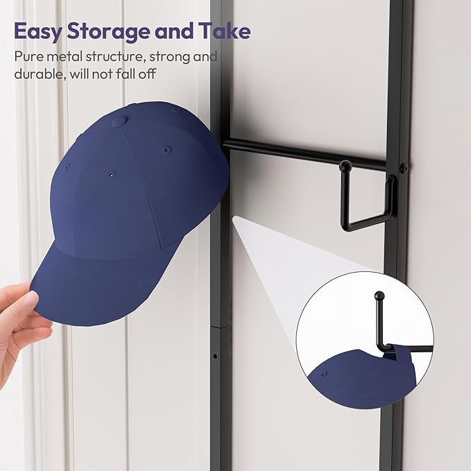 SWTYMIKI Over Door Hat Organizer - Wall Mounted Hat Rack with 6 Hooks and Metal Basket Design, Hanging Baseball Cap Organizer