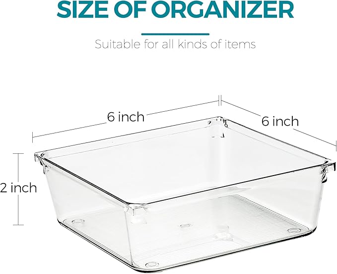 8 Pack Drawer Organizer - 6" X 6" Clear Acrylic Storage Bins with Non-Slip Pads, Versatile Desk Tray for Makeup, Jewelry, Kit