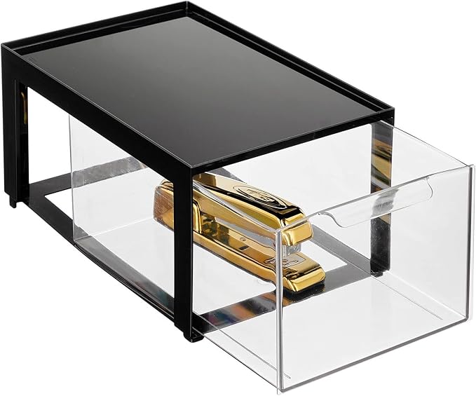 mDesign Plastic Desk Organizer and Storage Bin w/Pull Out Drawer - Stackable Office Storage Container for Office Supplies - D