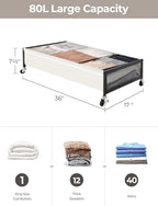 StorageWorks Under Bed Storage with Wheels, 2-Pack Metal Underbed Storage Containers, 80L Closet Organizer Bins for Clothes, 