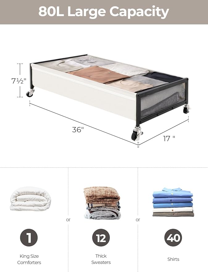 StorageWorks Under Bed Storage with Wheels, 2-Pack Metal Underbed Storage Containers, 80L Closet Organizer Bins for Clothes, 