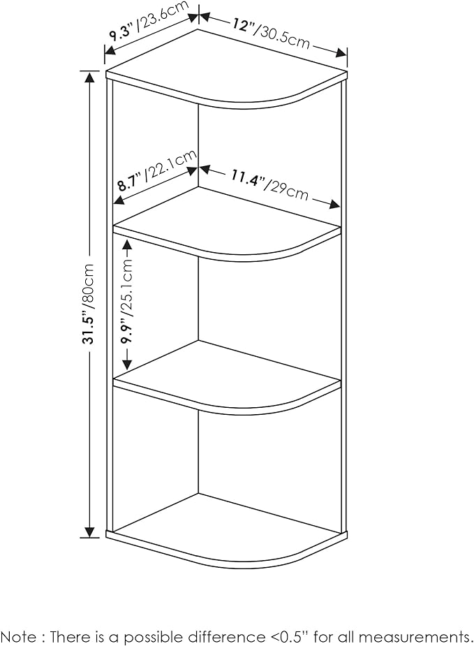 Furinno PASIR Book Shelf, 3-Tier Corner Bookshelf with Open Shelf, Standing Bookcase, 9.3 x 12 x 31.5 for Organization and St