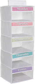 Three Sweet Peas Co Weekly Clothes Organizer for Kids – 5 Shelf Hanging Closet Storage for School Outfits | Monday to Friday 