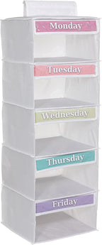 Three Sweet Peas Co Weekly Clothes Organizer for Kids – 5 Shelf Hanging Closet Storage for School Outfits | Monday to Friday 