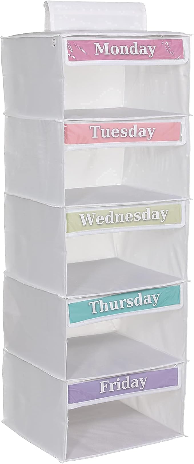 Three Sweet Peas Co Weekly Clothes Organizer for Kids – 5 Shelf Hanging Closet Storage for School Outfits | Monday to Friday 