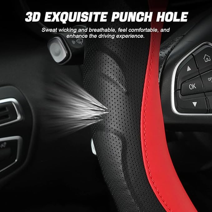 Leather Steering Wheel Cover, Auto Car Stretch Steering Wheel Protector, Universal 15 Inch Anti-Slip Breathable Odorless Stee