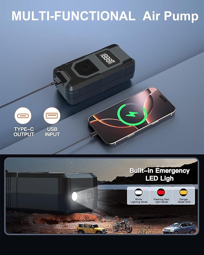 Tire Inflator Portable Air Compressor - 4X Faster Inflation Cordless Mini Air Pump with Digital Pressure Gauge with Digital Pressure Gauge/LED Light Portable Tire Inflator for Car Moto Bike Ball etc