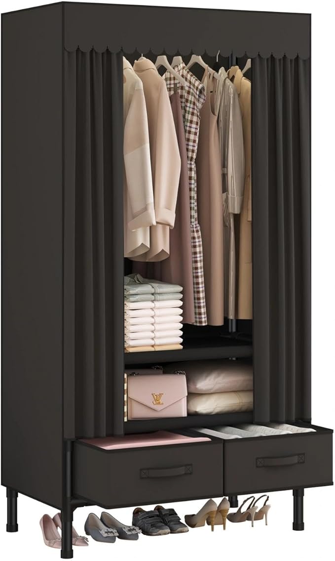 Portable Closet,Garment Rack,Heavy Duty Clothes Rack with Cover,Wardrobe Closet with 1 Hanging Rods, 2 Storage Shelves and 2 