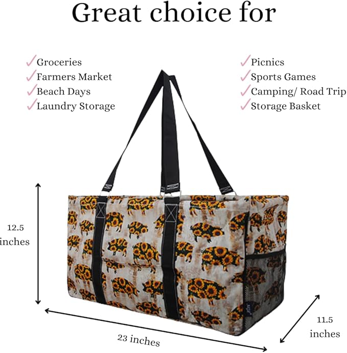 NGIL Extra Large Utility Tote Reusable Grocery Bag Oversized Collapsible for Groceries, Storage, Picnic, Beach (Sunflower Pig-black)