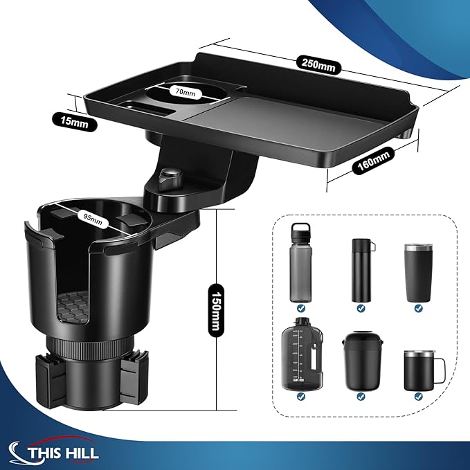 This Hill Cup Holder Tray for Car, 2 in 1 Detachable Car Food Table Tray with Solid Base & Phone Slot,Car Cup Holder Expander
