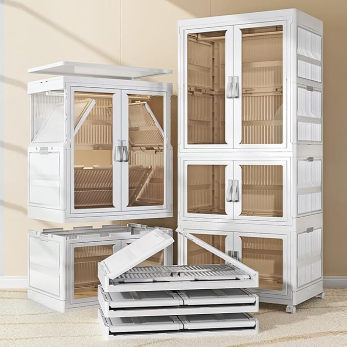 Stackable Storage Bins with Lids, Portable Closet Storage Organizer with Door, Hanging Rod & Wheels, Foldable Wardrobe Closet