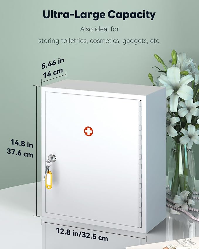 Uniclife Wall Mount Medicine Cabinet with Key Lock Locking First Aid Cabinet Lockable Medical Cabinet Large Capacity Medicine