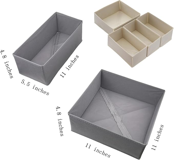 Bructhun Drawer Organizer Set of 4 Beige - Fabric Storage Bins for Clothes, Underwear, Socks & Bras - 11" Dresser Dividers fo