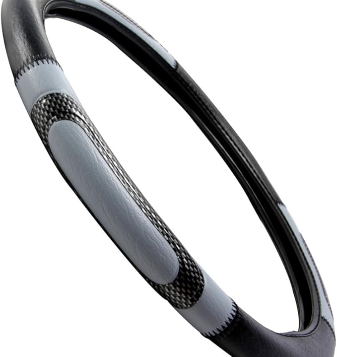 BDK Sporty Two Tone Ergonomic Grip Steering Wheel Cover - Carbon Fiber Grip for Standard Size Wheels 14.5-15 inch Gray/Black