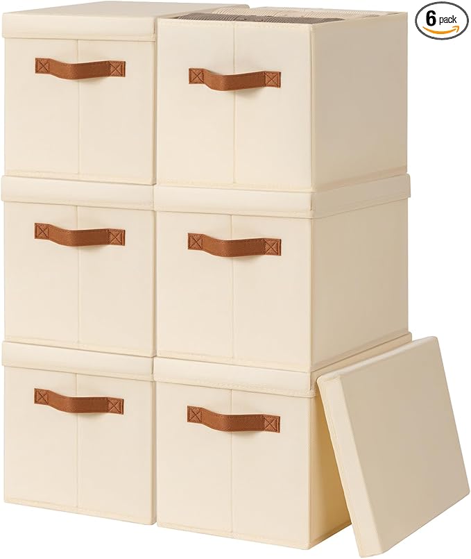 Homsorout Storage Bins with Lids - Fabric Storage Baskets for Shelves, 6 Pack Foldable Decorative Boxes with Handles, Stackab
