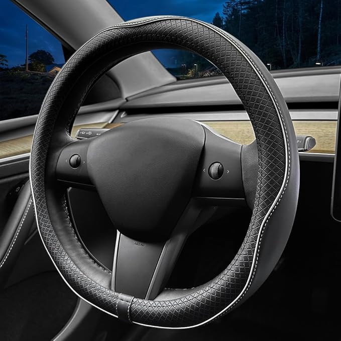 LKWLIKEI Nappa Leather Ultra-Thin Steering Wheel Cover, for Tesla Model 3/Y Steering Wheel Cover, Non-Slip Design and Interio