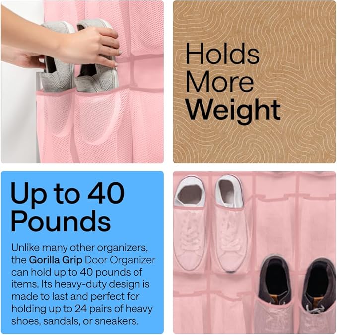 GORILLA GRIP Over the Door Shoe Organizer, 24 Large Breathable Mesh Pockets, Space Saving Hanging Storage Holder, Closet Rack