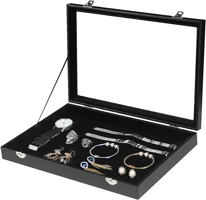 Coward Jewelry Organizer Box, Black Velvet Blank Display Tray Case with Lid for Storage Necklaces Bracelets Rings Beads and J