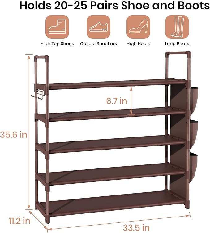 VILICK Shoe Rack for Closet Shoe Organizer Space Saver Storage for 20-25 Pair Shoe Shelf with Hook and Side Pocket Free Stand