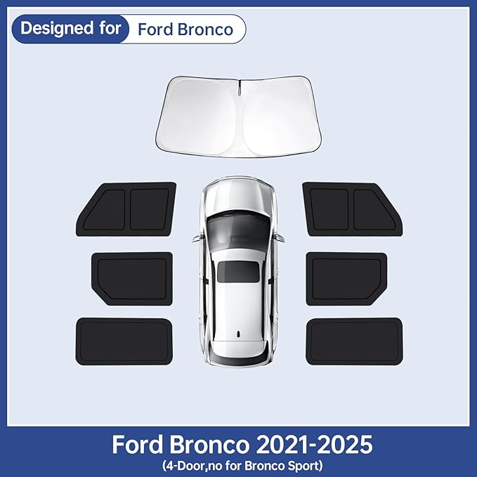 Car Window Shades for Ford Bronco（4-Door，no for Sport） 2021-2025, Full Car Window Covers for Privacy, Sunshades for Bronco Front Rear Windshield Side Windows to Block UV and Protect Privacy(7pcs)