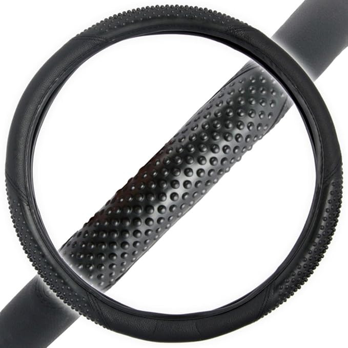 BDK Sporty Two Tone Ergonomic Grip Steering Wheel Cover - Massaging Gel Grip for Standard Size Wheels 14.5-15 inch Black/Blac