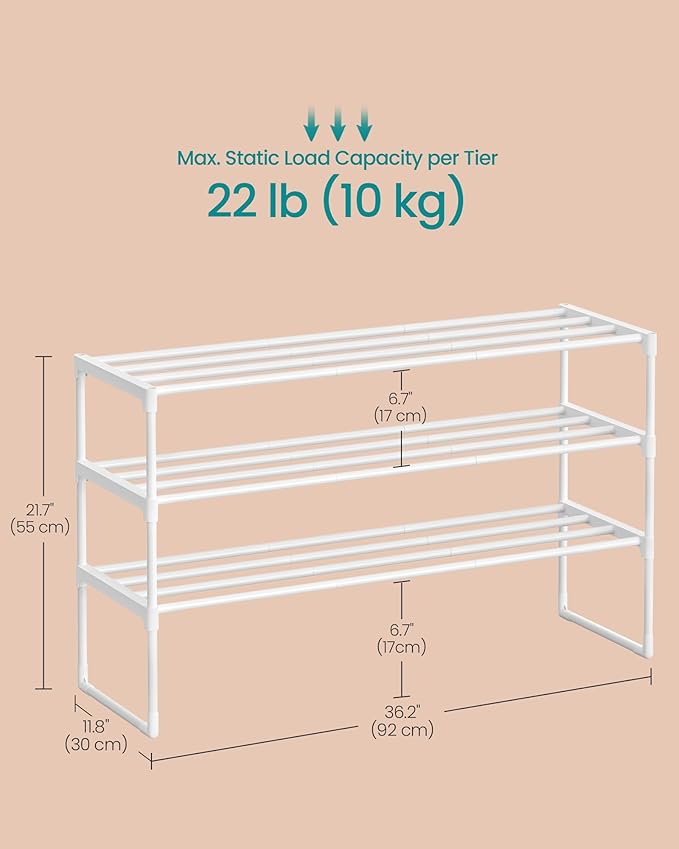 SONGMICS Shoe Rack, 3-Tier Shoe Organizer, Metal Storage Shelf, Upright or Upside Down, for 16-20 Pairs, Stackable, for Entry