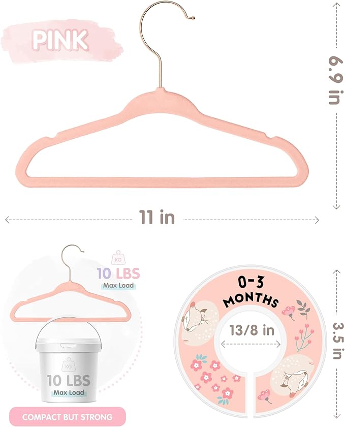 VIS'V Baby Hangers, 11 Inch Velvet Kids Hangers with 6 Pcs Clothes Size Dividers, Infant Toddler Nursery Closet Organization,